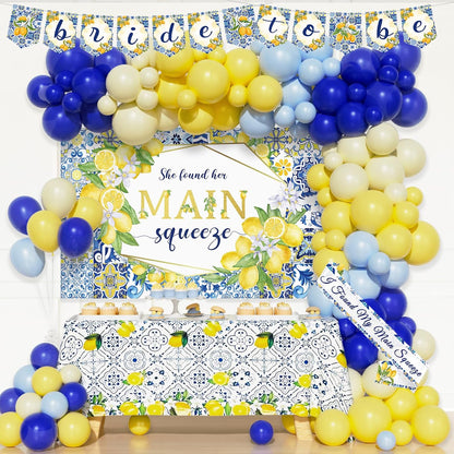 She Found Her Main Squeeze Bridal Shower Decorations, Lemon Bachelorette Party Decorations, Blue Yellow Backdrop Balloon Banner Tablecloth Sash for Capri Lemon Bride To Be Engagement Supplies