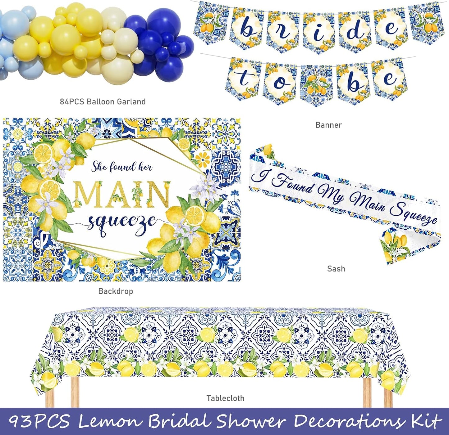 She Found Her Main Squeeze Bridal Shower Decorations, Lemon Bachelorette Party Decorations, Blue Yellow Backdrop Balloon Banner Tablecloth Sash for Capri Lemon Bride To Be Engagement Supplies