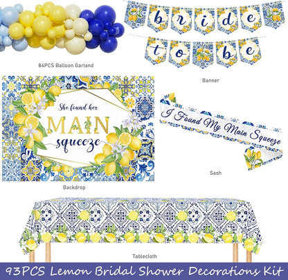 She Found Her Main Squeeze Bridal Shower Decorations, Lemon Bachelorette Party Decorations, Blue Yellow Backdrop Balloon Banner Tablecloth Sash for Capri Lemon Bride To Be Engagement Supplies