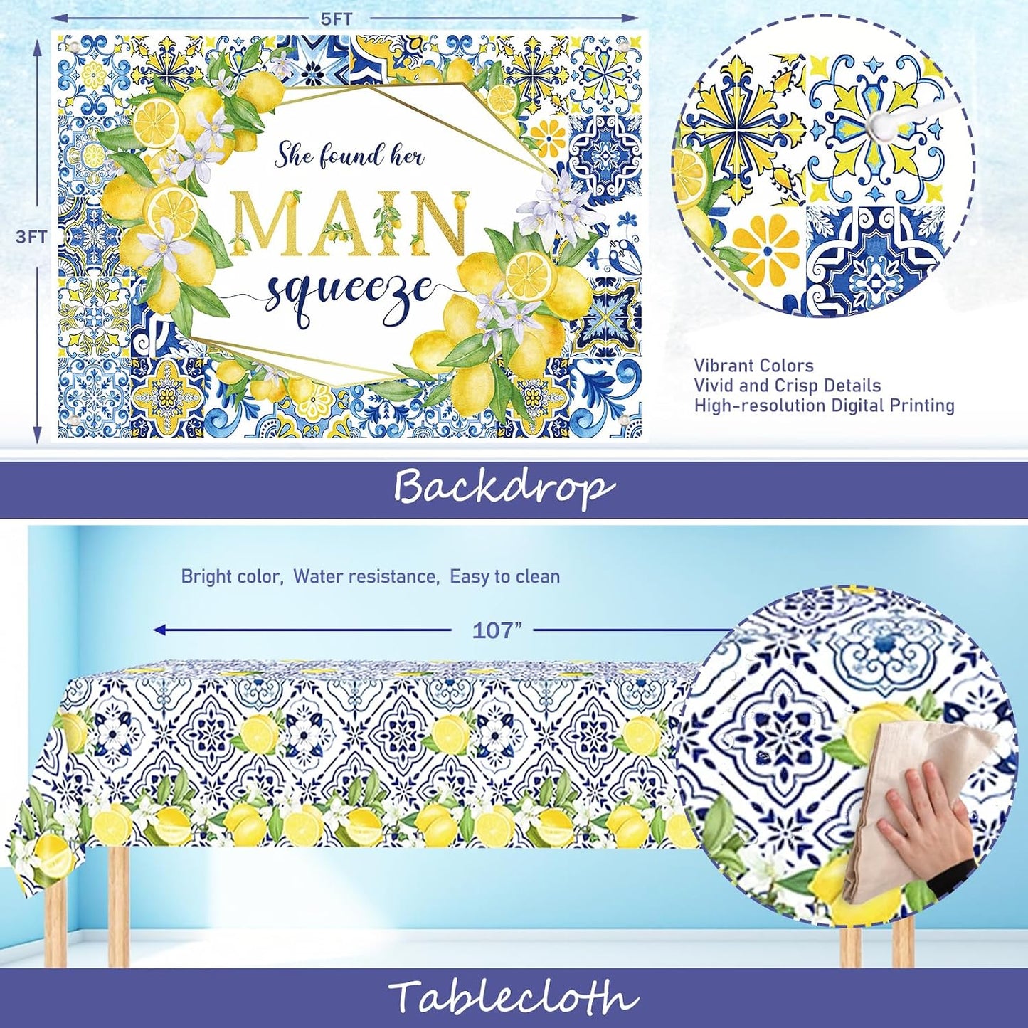 She Found Her Main Squeeze Bridal Shower Decorations, Lemon Bachelorette Party Decorations, Blue Yellow Backdrop Balloon Banner Tablecloth Sash for Capri Lemon Bride To Be Engagement Supplies