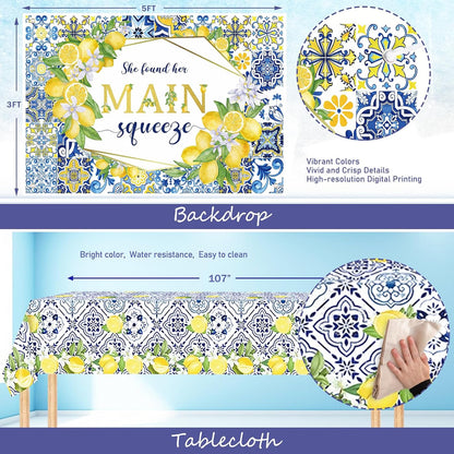 She Found Her Main Squeeze Bridal Shower Decorations, Lemon Bachelorette Party Decorations, Blue Yellow Backdrop Balloon Banner Tablecloth Sash for Capri Lemon Bride To Be Engagement Supplies