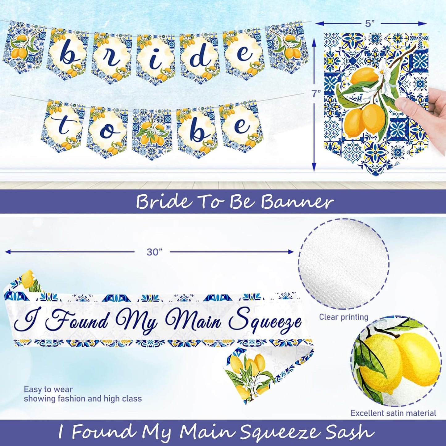 She Found Her Main Squeeze Bridal Shower Decorations, Lemon Bachelorette Party Decorations, Blue Yellow Backdrop Balloon Banner Tablecloth Sash for Capri Lemon Bride To Be Engagement Supplies