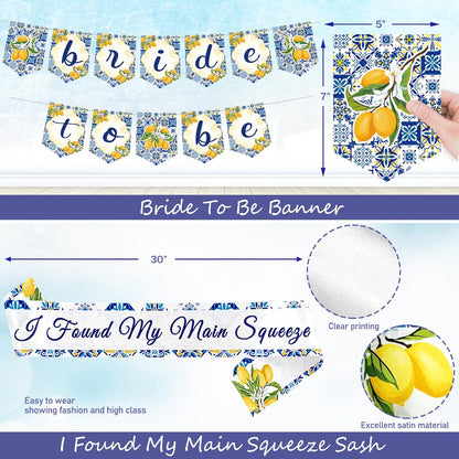 She Found Her Main Squeeze Bridal Shower Decorations, Lemon Bachelorette Party Decorations, Blue Yellow Backdrop Balloon Banner Tablecloth Sash for Capri Lemon Bride To Be Engagement Supplies