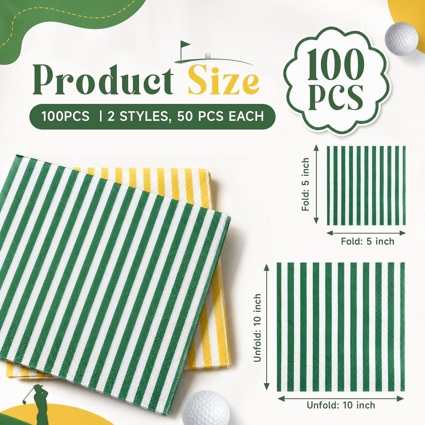 100 Pcs Golf Cocktail Napkins Green and White Yellow Cocktail Napkins Each 50 for Golf Party Disposable Paper Tableware for Party Supplies Men Golfers Sports Club Birthday Spring Summer Favors