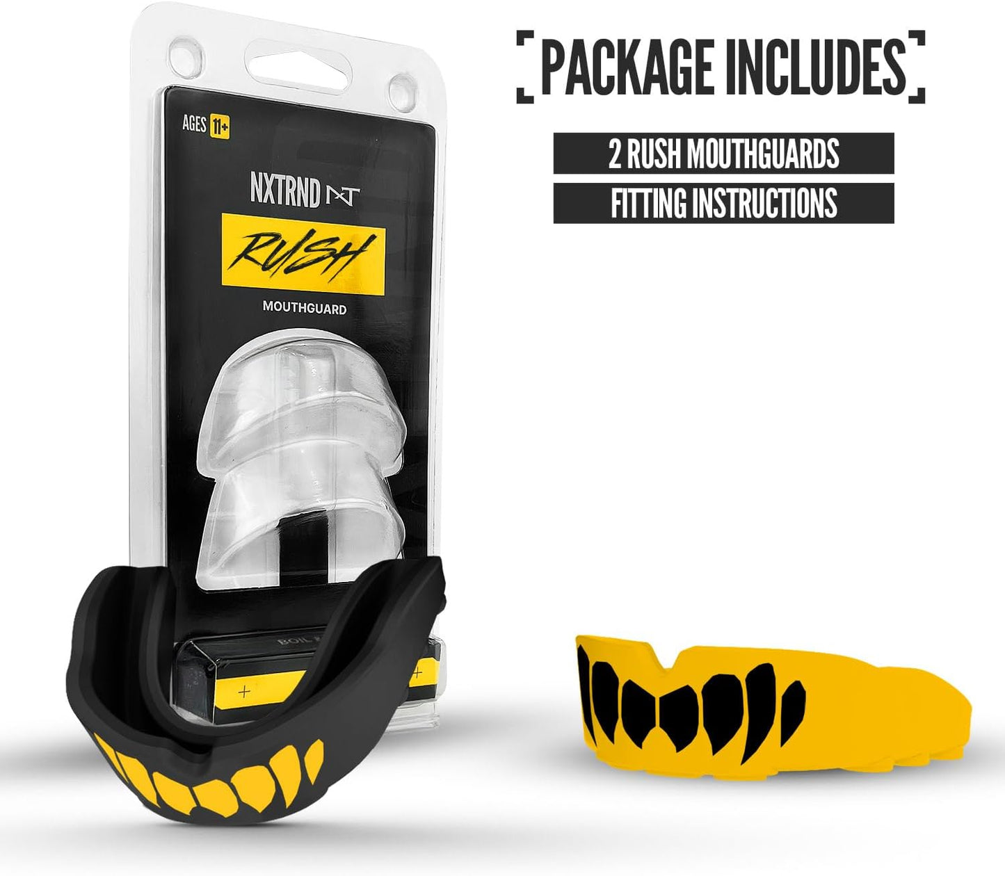 2 Pack Rush Dual Layer Mouthguard, Custom Fit Sports Mouthpiece for Football, Boxing, MMA, Basketball, Hockey, Lacrosse, Youth & Adult (Yellow)