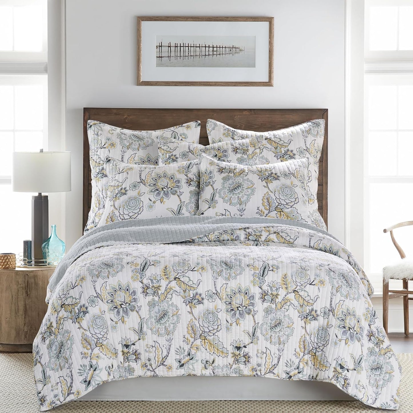 Ophelia Spa Reversible King/Cal King Quilt Set (106x92in) and 2 Pillow Shams (36x20in) - Bedding - Blue, Yellow, White - Rayon King Size Quilt Bedding Set - Lightweight, Soft, Pre-Washed