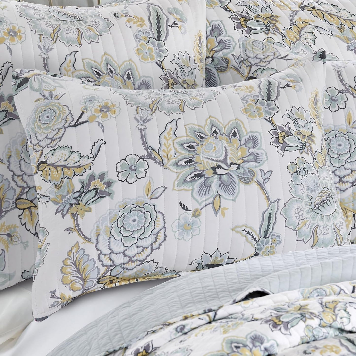 Ophelia Spa Reversible King/Cal King Quilt Set (106x92in) and 2 Pillow Shams (36x20in) - Bedding - Blue, Yellow, White - Rayon King Size Quilt Bedding Set - Lightweight, Soft, Pre-Washed