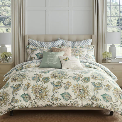 Grey Palladium Comforter Set - Full/Queen Comforter (90x94in.) + Two Standard Pillow Cases (26x20in.) - Paisley - Green, Yellow, Grey, Blue and White - Cotton