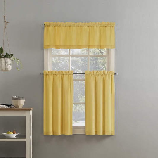 Martine Microfiber Semi-Sheer Rod Pocket Kitchen Curtain Valance and Tiers Set, 54 in x 36 in (3 Piece) Kitchen Set, Yellow