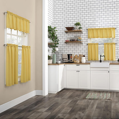 Martine Microfiber Semi-Sheer Rod Pocket Kitchen Curtain Valance and Tiers Set, 54 in x 36 in (3 Piece) Kitchen Set, Yellow