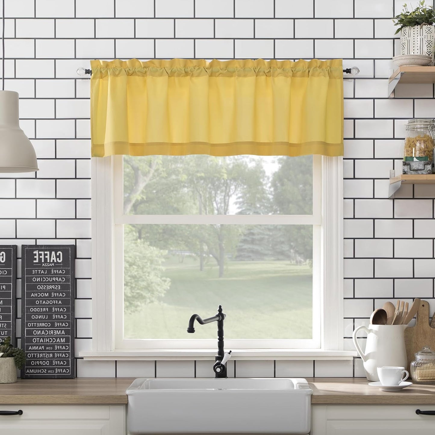 Martine Microfiber Semi-Sheer Rod Pocket Kitchen Curtain Valance and Tiers Set, 54 in x 36 in (3 Piece) Kitchen Set, Yellow