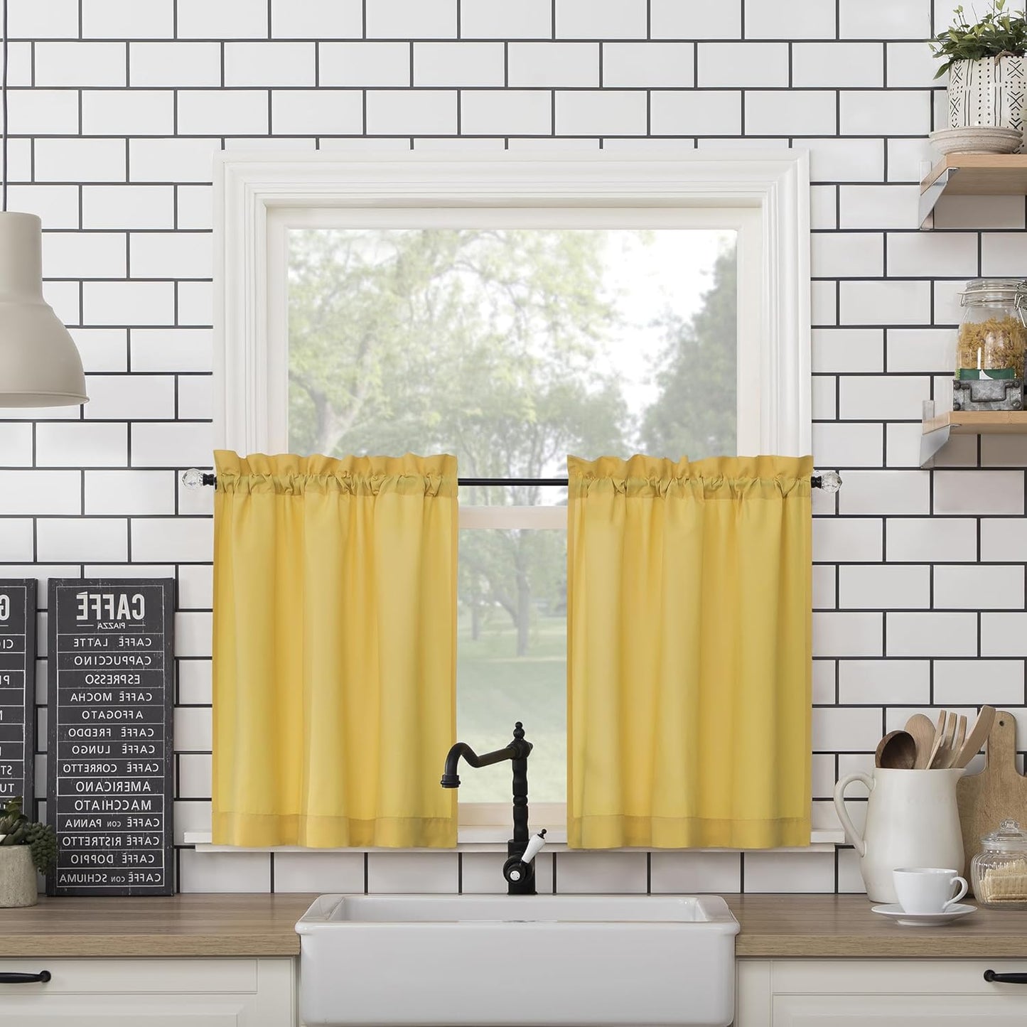Martine Microfiber Semi-Sheer Rod Pocket Kitchen Curtain Valance and Tiers Set, 54 in x 36 in (3 Piece) Kitchen Set, Yellow