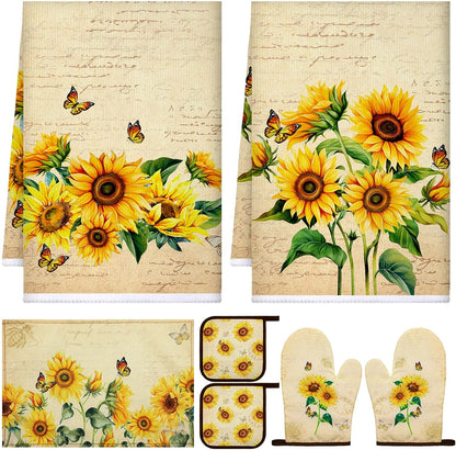 6 Pcs Kitchen Towels and Pot Holder Sets, Oven Mitts and Dish Cloths Microfiber Tea Towels Dish Cloths Kitchen Accessories for Coffee Tea Pot Christmas(Sunflower Style,Yellow)