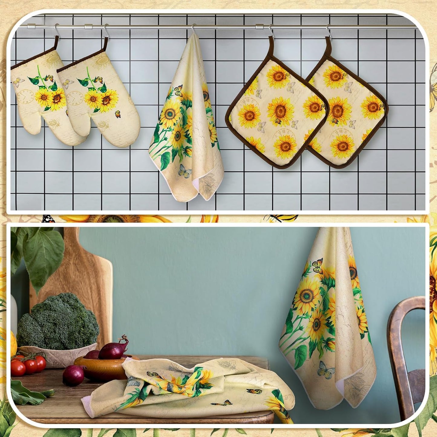 6 Pcs Kitchen Towels and Pot Holder Sets, Oven Mitts and Dish Cloths Microfiber Tea Towels Dish Cloths Kitchen Accessories for Coffee Tea Pot Christmas(Sunflower Style,Yellow)