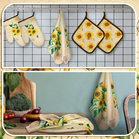 6 Pcs Kitchen Towels and Pot Holder Sets, Oven Mitts and Dish Cloths Microfiber Tea Towels Dish Cloths Kitchen Accessories for Coffee Tea Pot Christmas(Sunflower Style,Yellow)