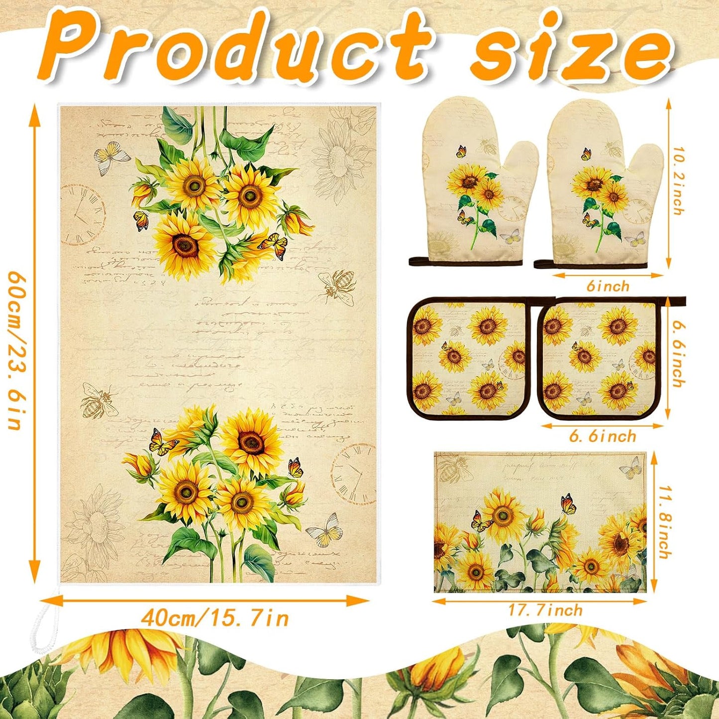 6 Pcs Kitchen Towels and Pot Holder Sets, Oven Mitts and Dish Cloths Microfiber Tea Towels Dish Cloths Kitchen Accessories for Coffee Tea Pot Christmas(Sunflower Style,Yellow)