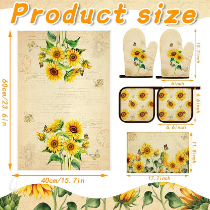 6 Pcs Kitchen Towels and Pot Holder Sets, Oven Mitts and Dish Cloths Microfiber Tea Towels Dish Cloths Kitchen Accessories for Coffee Tea Pot Christmas(Sunflower Style,Yellow)
