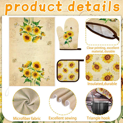 6 Pcs Kitchen Towels and Pot Holder Sets, Oven Mitts and Dish Cloths Microfiber Tea Towels Dish Cloths Kitchen Accessories for Coffee Tea Pot Christmas(Sunflower Style,Yellow)