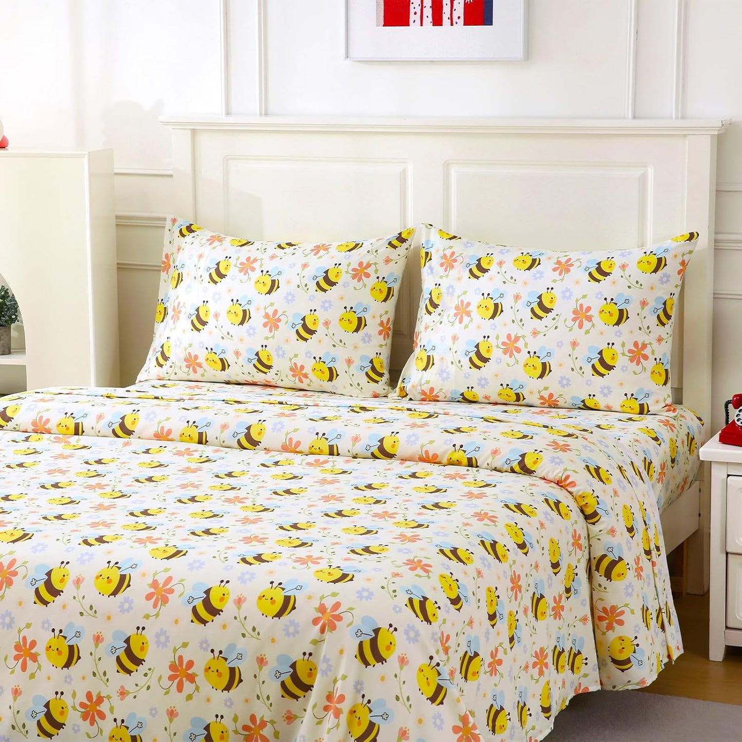 Yellow Bee Twin Sheets Set Kids, Soft Microfiber Bed Sheet Set for Boy Girls, 3 Pieces Breathable Twin Sheets