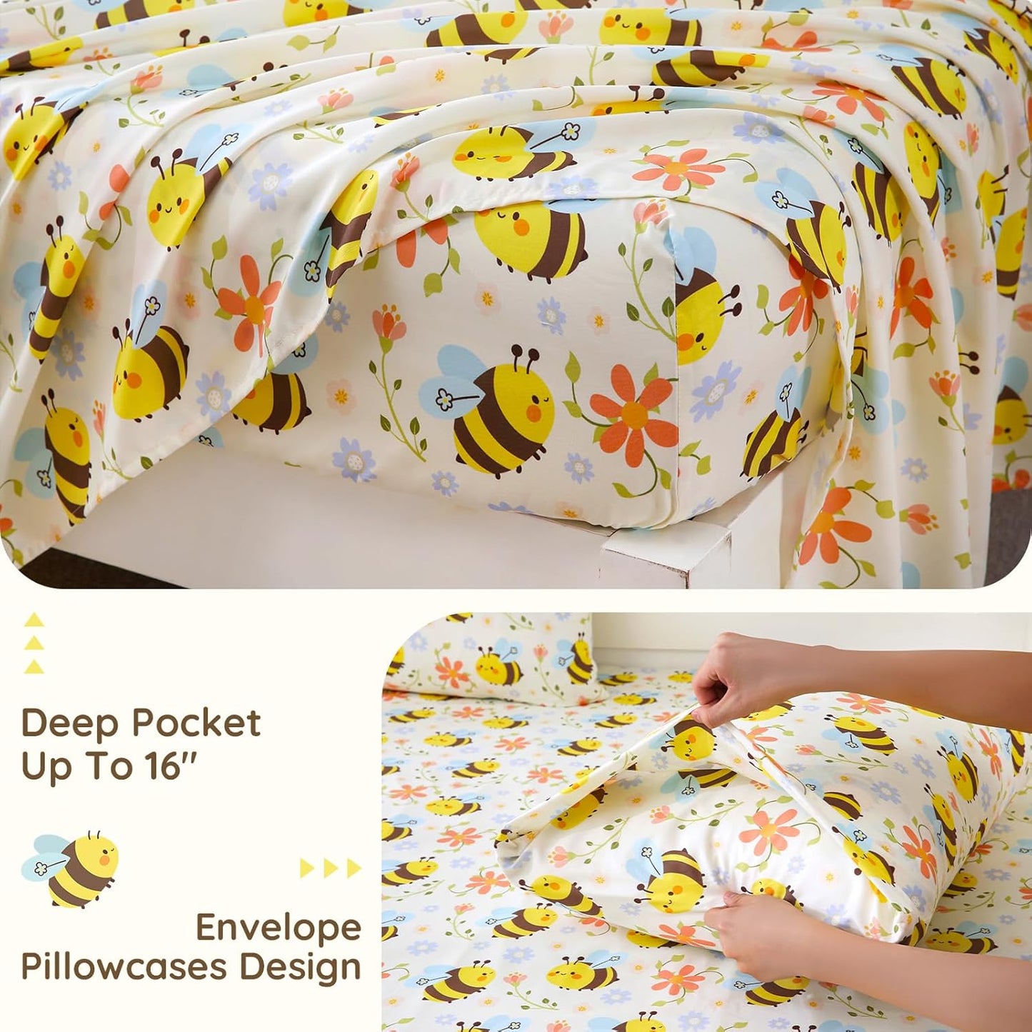 Yellow Bee Twin Sheets Set Kids, Soft Microfiber Bed Sheet Set for Boy Girls, 3 Pieces Breathable Twin Sheets