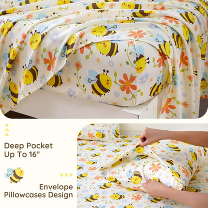Yellow Bee Twin Sheets Set Kids, Soft Microfiber Bed Sheet Set for Boy Girls, 3 Pieces Breathable Twin Sheets