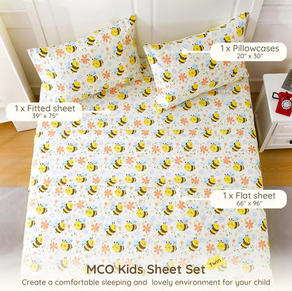 Yellow Bee Twin Sheets Set Kids, Soft Microfiber Bed Sheet Set for Boy Girls, 3 Pieces Breathable Twin Sheets