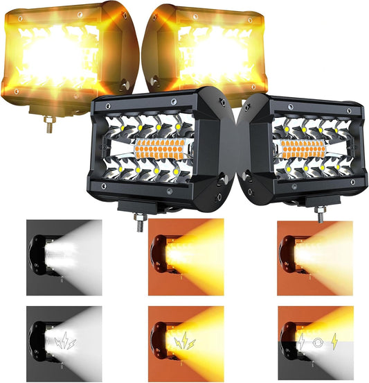 LED Light Bar 4PCS 4'' Inch White/Amber Yellow LED Pods Equivalent to 240-Watt Strobe Light Driving Fog Lights Triple Row Off Road Lights with Six Modes for SUV ATV UTV Trucks Pickup Lamp