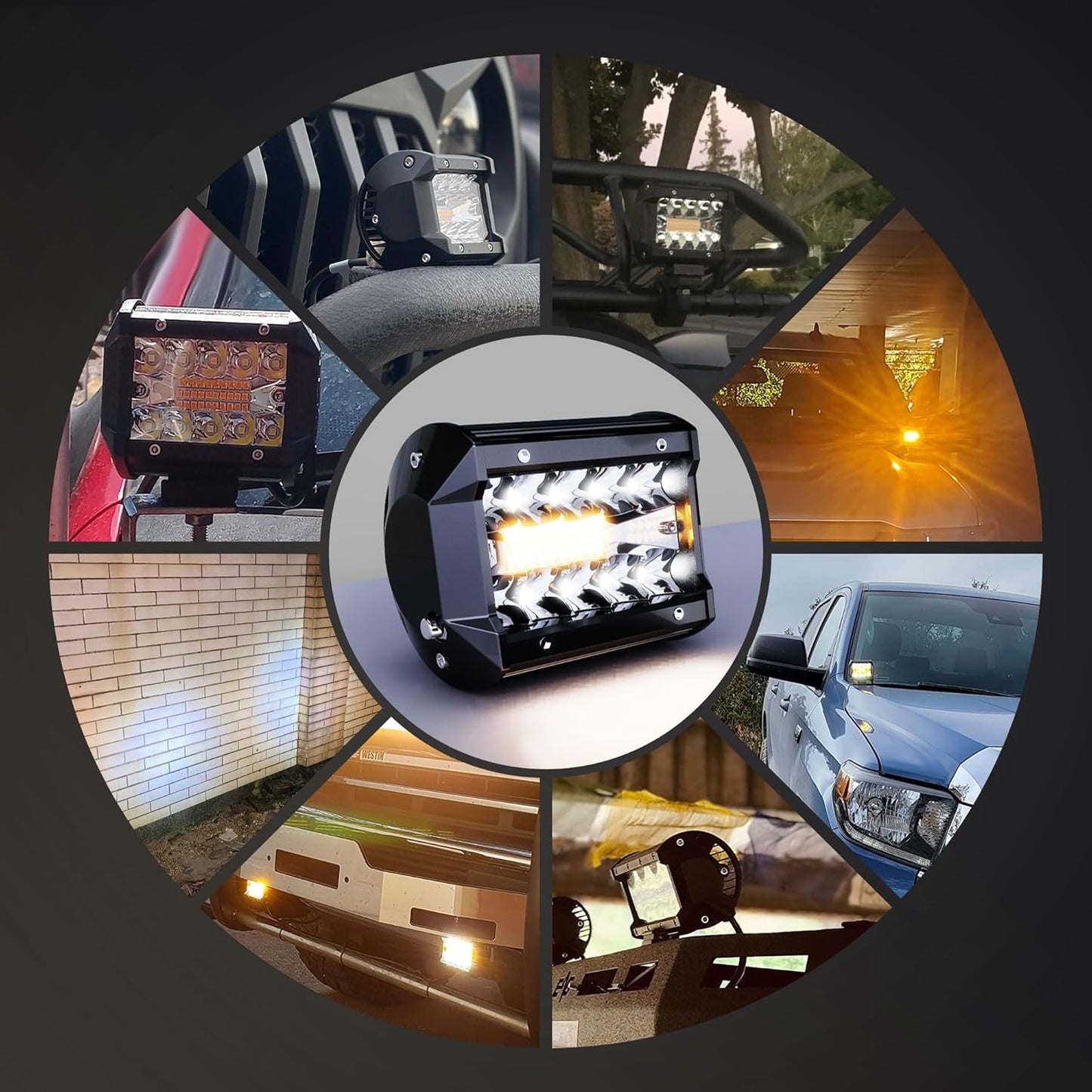 LED Light Bar 4PCS 4'' Inch White/Amber Yellow LED Pods Equivalent to 240-Watt Strobe Light Driving Fog Lights Triple Row Off Road Lights with Six Modes for SUV ATV UTV Trucks Pickup Lamp