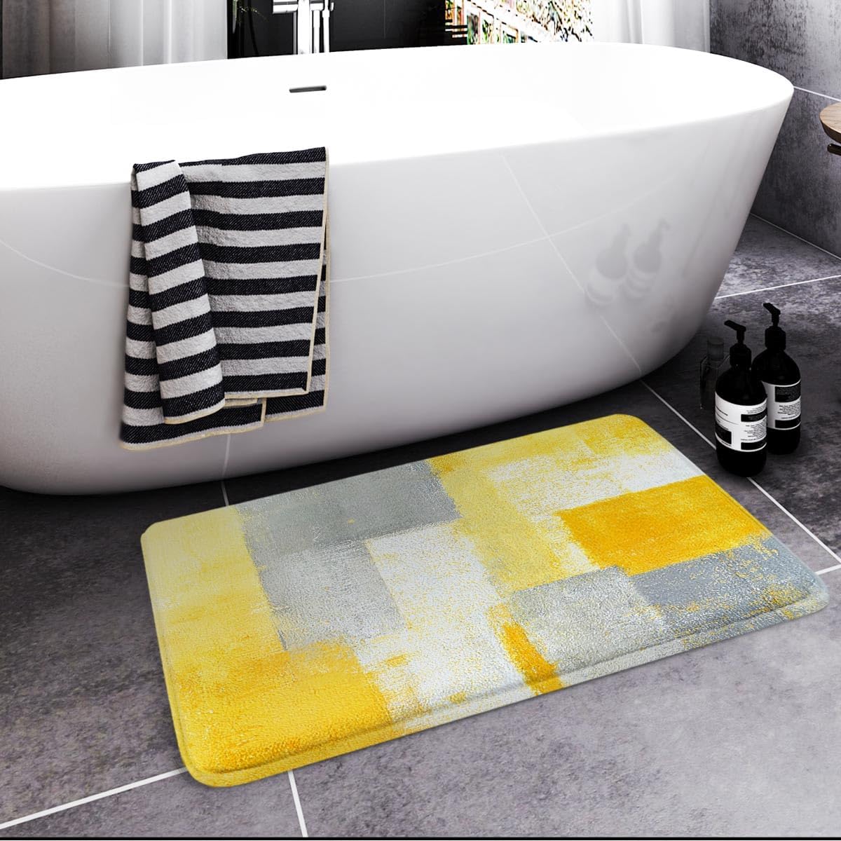 Bath Mat for Bathroom Yellow Gray Abstract Graffiti Geometric Bath Rug Floor Mat Bathroom Decorations 16x24 Inches for Kitchen Bedroom Indoor