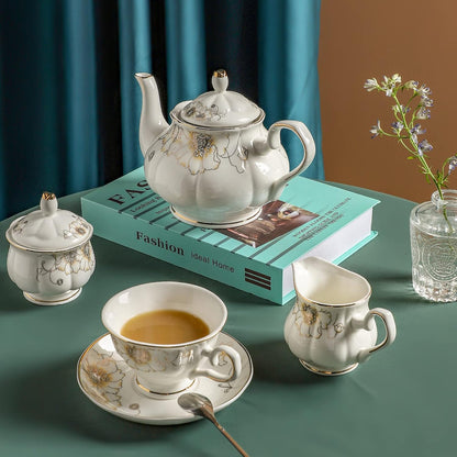 CHENP.HMC Tea Set 22-Piece Porcelain Ceramic Coffee Tea Gift Sets Cups Saucer Service for 6 Teapot Sugar Bowl Creamer Pitcher and Teaspoons (Chrysanthemum)