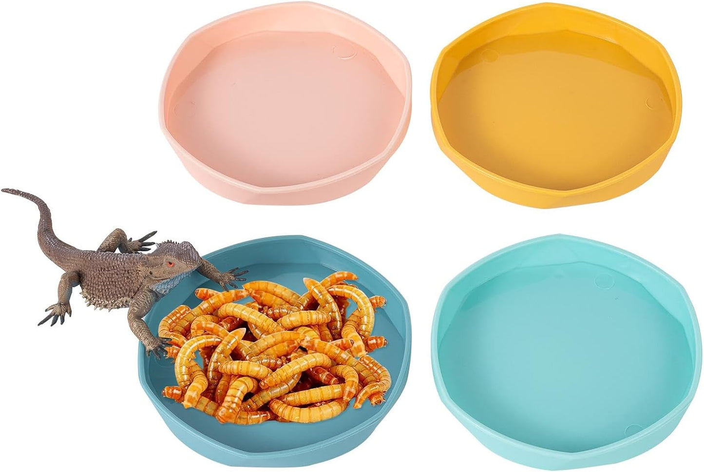 4 Pack Small Reptile Food Dish Bowl, Plastic Worm Water Dish Plate | Reptile Food Bowls for Lizard Gecko Bearded Dragon Chameleon 4" W x 4" D x 0.5" H, Blue and Yellow