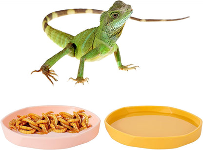 4 Pack Small Reptile Food Dish Bowl, Plastic Worm Water Dish Plate | Reptile Food Bowls for Lizard Gecko Bearded Dragon Chameleon 4" W x 4" D x 0.5" H, Blue and Yellow