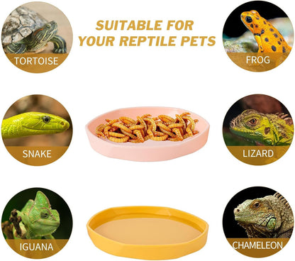 4 Pack Small Reptile Food Dish Bowl, Plastic Worm Water Dish Plate | Reptile Food Bowls for Lizard Gecko Bearded Dragon Chameleon 4" W x 4" D x 0.5" H, Blue and Yellow