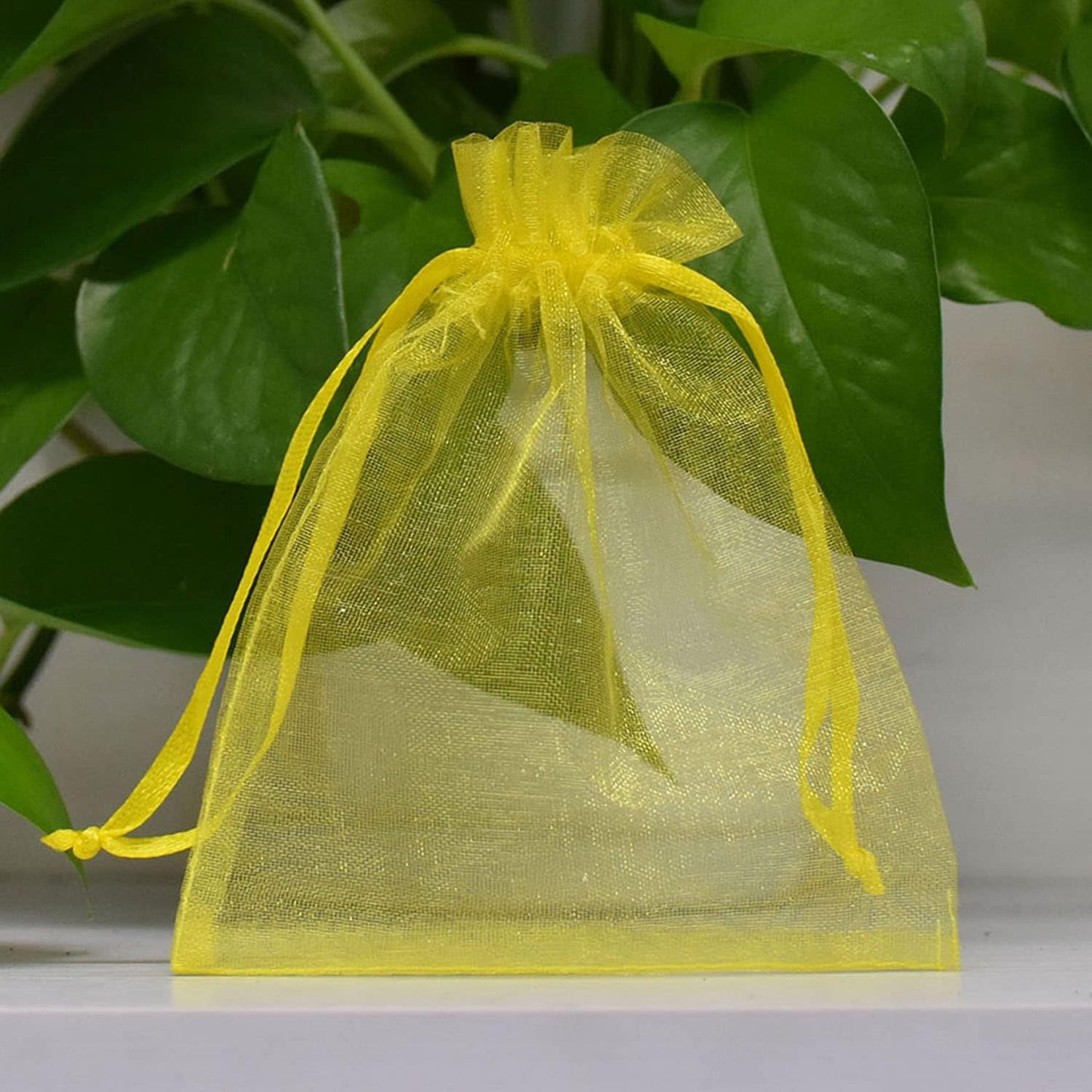 Sheer Organza Mesh Drawstring Gift Bags Reusable 50pc 4x6 Inch Yellow | Baby Shower Easter Baptism Bridal Shower Birthday Party Favors Rustic Wedding Bulk Wrap Supplies Pouches for Jewelry Candy