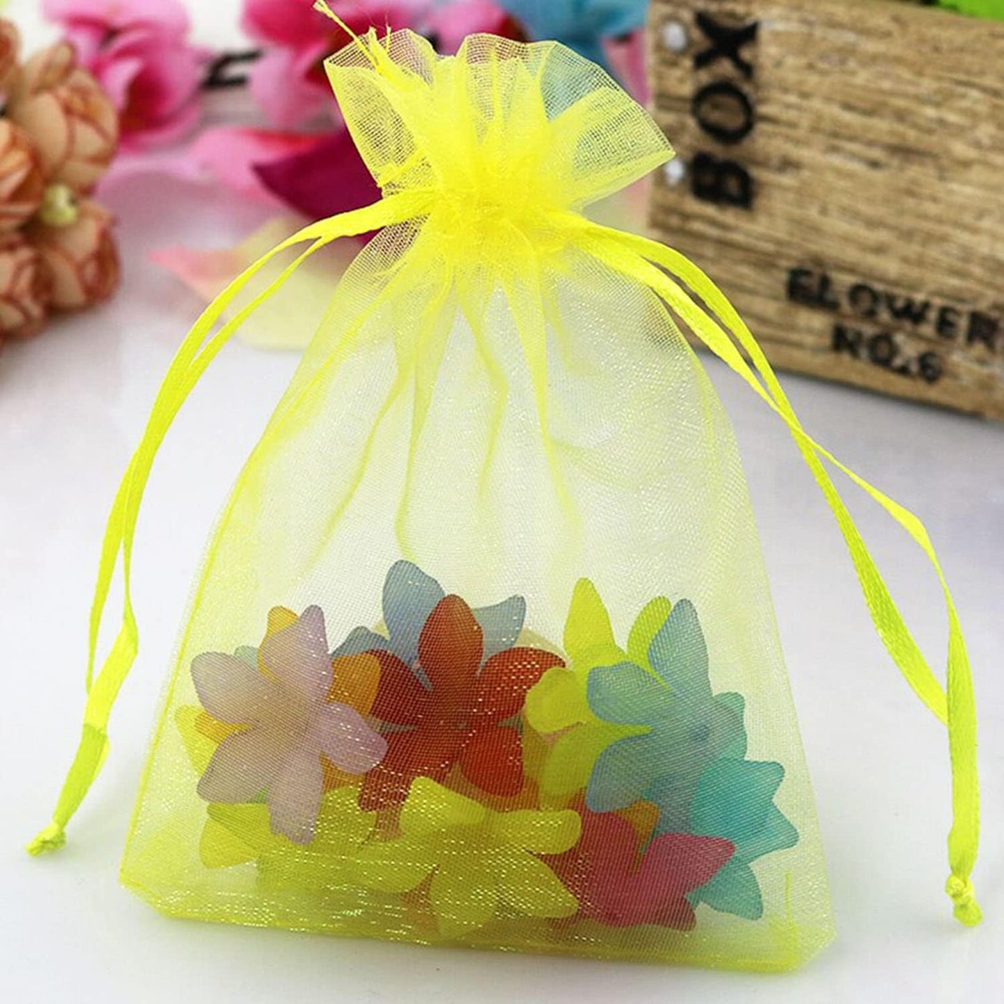 Sheer Organza Mesh Drawstring Gift Bags Reusable 50pc 4x6 Inch Yellow | Baby Shower Easter Baptism Bridal Shower Birthday Party Favors Rustic Wedding Bulk Wrap Supplies Pouches for Jewelry Candy