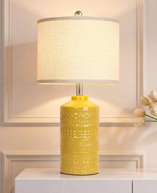 25" Modern Bedside Ceramic Table Lamps for Living Room Mustard Yellow Nightstand 3-Way Dimmable Lamp Farmhouse Lamp for Bedroom Entryway Tabletop(Bulb Included)