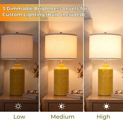 25" Modern Bedside Ceramic Table Lamps for Living Room Mustard Yellow Nightstand 3-Way Dimmable Lamp Farmhouse Lamp for Bedroom Entryway Tabletop(Bulb Included)