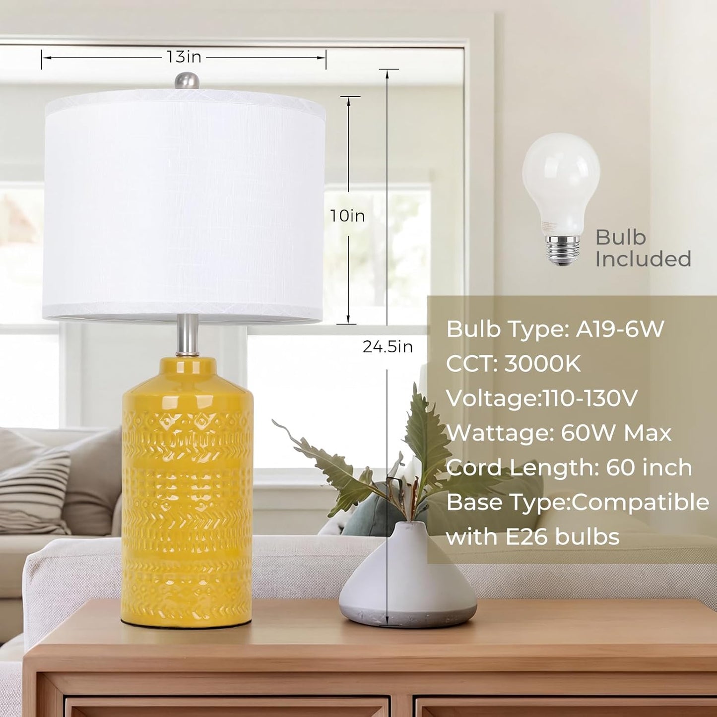 25" Modern Bedside Ceramic Table Lamps for Living Room Mustard Yellow Nightstand 3-Way Dimmable Lamp Farmhouse Lamp for Bedroom Entryway Tabletop(Bulb Included)