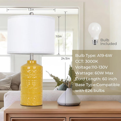 25" Modern Bedside Ceramic Table Lamps for Living Room Mustard Yellow Nightstand 3-Way Dimmable Lamp Farmhouse Lamp for Bedroom Entryway Tabletop(Bulb Included)