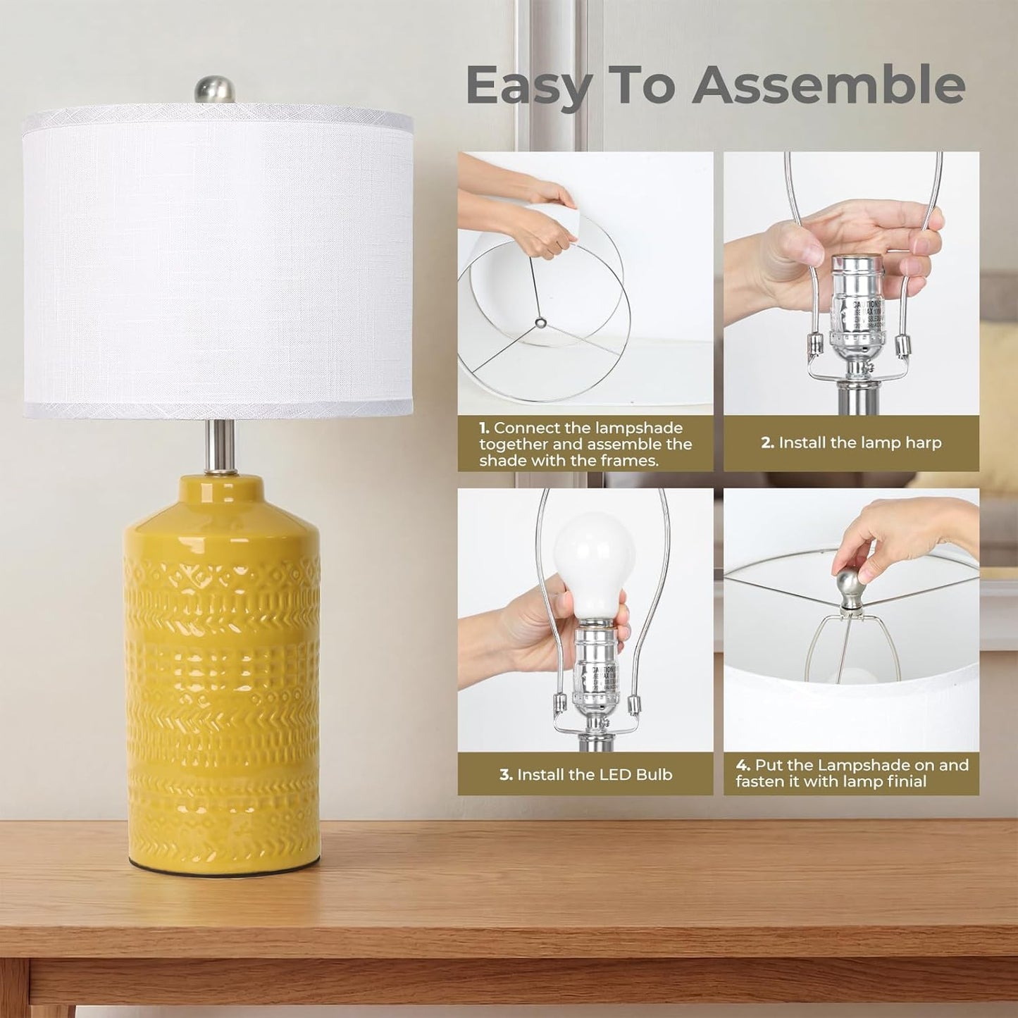 25" Modern Bedside Ceramic Table Lamps for Living Room Mustard Yellow Nightstand 3-Way Dimmable Lamp Farmhouse Lamp for Bedroom Entryway Tabletop(Bulb Included)