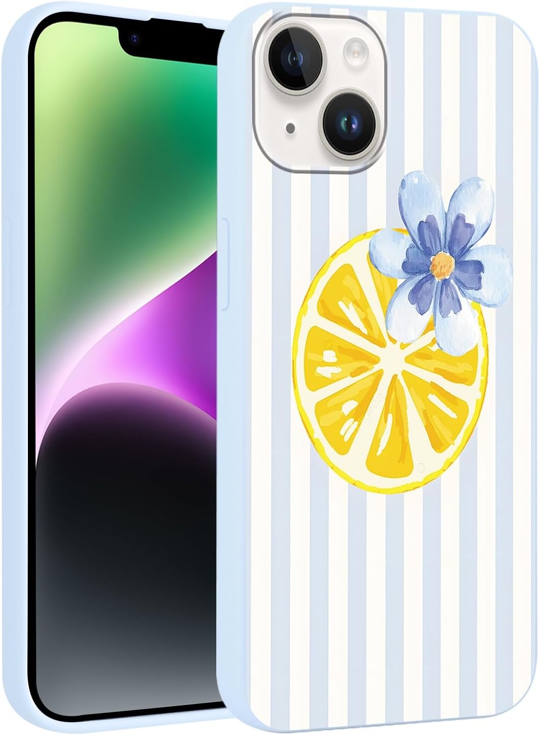 Summer Stripes Case for iPhone 14, Flower Aesthetic Striped Lemon Floral Pattern Design Phone Cover for Women Men, Soft Slim Silicone Shockproof Protective Shell for iPhone 14 6,1", White