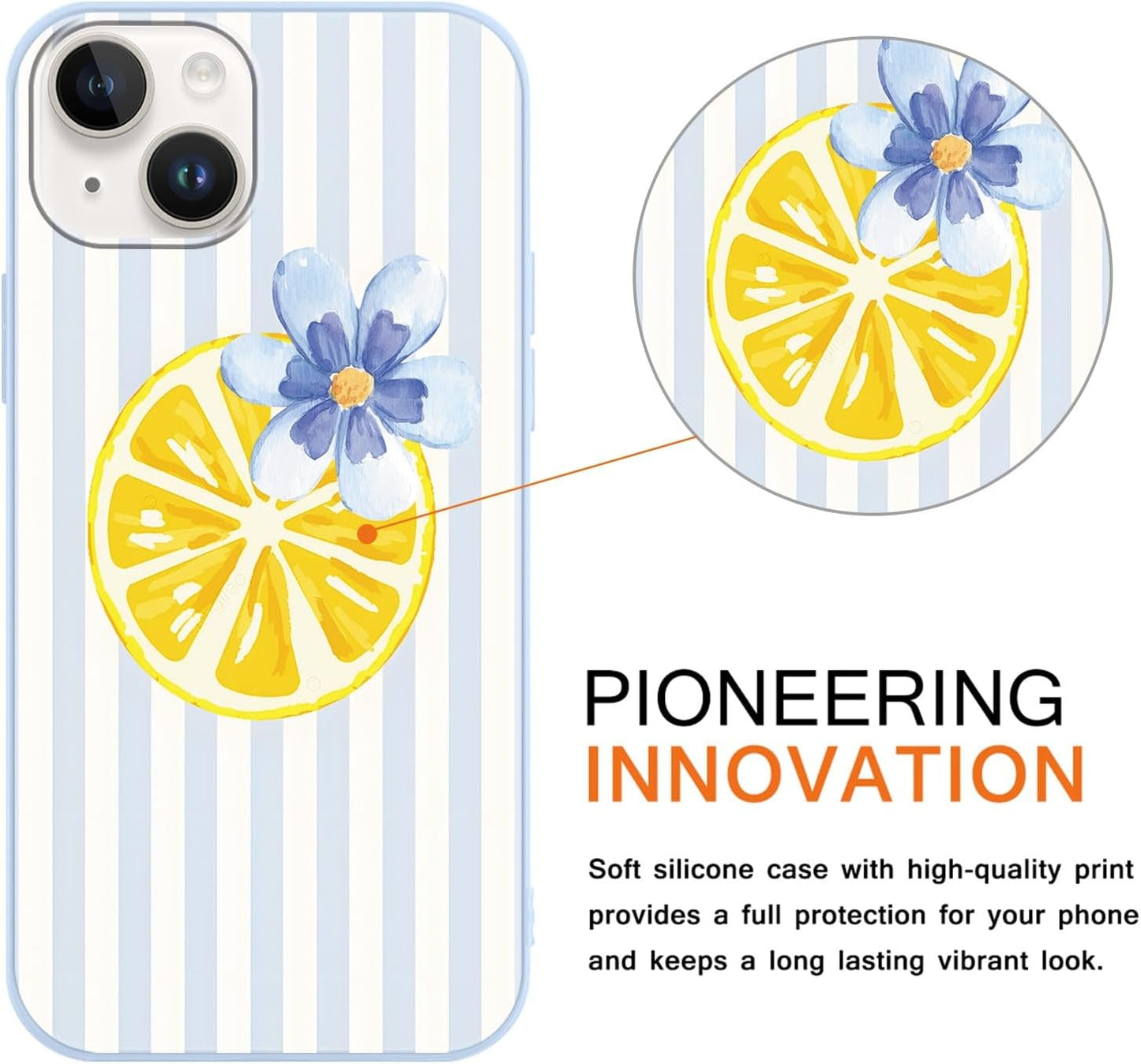 Summer Stripes Case for iPhone 14, Flower Aesthetic Striped Lemon Floral Pattern Design Phone Cover for Women Men, Soft Slim Silicone Shockproof Protective Shell for iPhone 14 6,1", White
