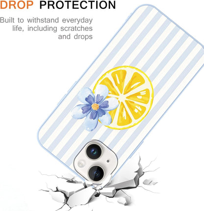 Summer Stripes Case for iPhone 14, Flower Aesthetic Striped Lemon Floral Pattern Design Phone Cover for Women Men, Soft Slim Silicone Shockproof Protective Shell for iPhone 14 6,1", White