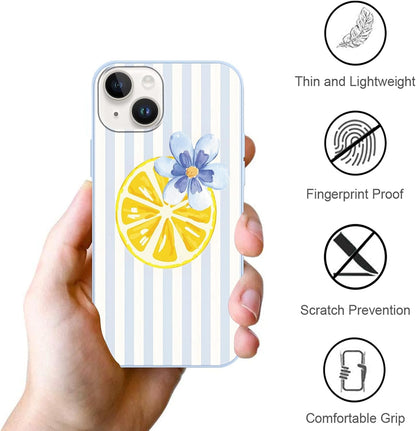 Summer Stripes Case for iPhone 14, Flower Aesthetic Striped Lemon Floral Pattern Design Phone Cover for Women Men, Soft Slim Silicone Shockproof Protective Shell for iPhone 14 6,1", White