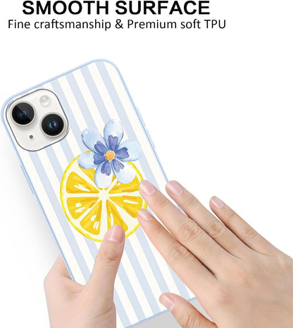 Summer Stripes Case for iPhone 14, Flower Aesthetic Striped Lemon Floral Pattern Design Phone Cover for Women Men, Soft Slim Silicone Shockproof Protective Shell for iPhone 14 6,1", White