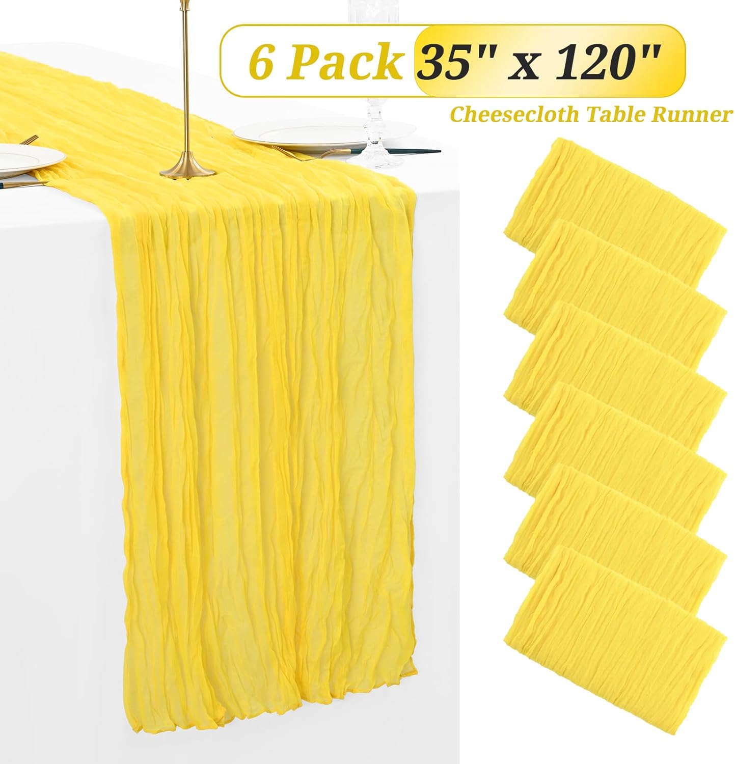 6 Pack Yellow Cheesecloth Table Runner 35x120 Inch | Long Semi-Sheer Cheese Cloth Table Runner Boho or Rustic Table Runner for Wedding Arch Draping Bridal Shower Holiday Decor