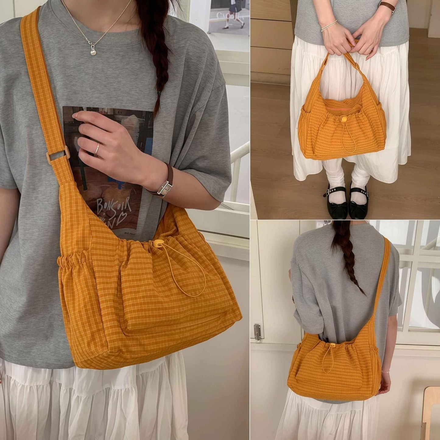Plaid Crossbody Bags, Slouchy Hobo Crossbody Bag, Cute Messenger Bag, Nylon Crescent Crossbody Purse, Trendy Everyday Purse