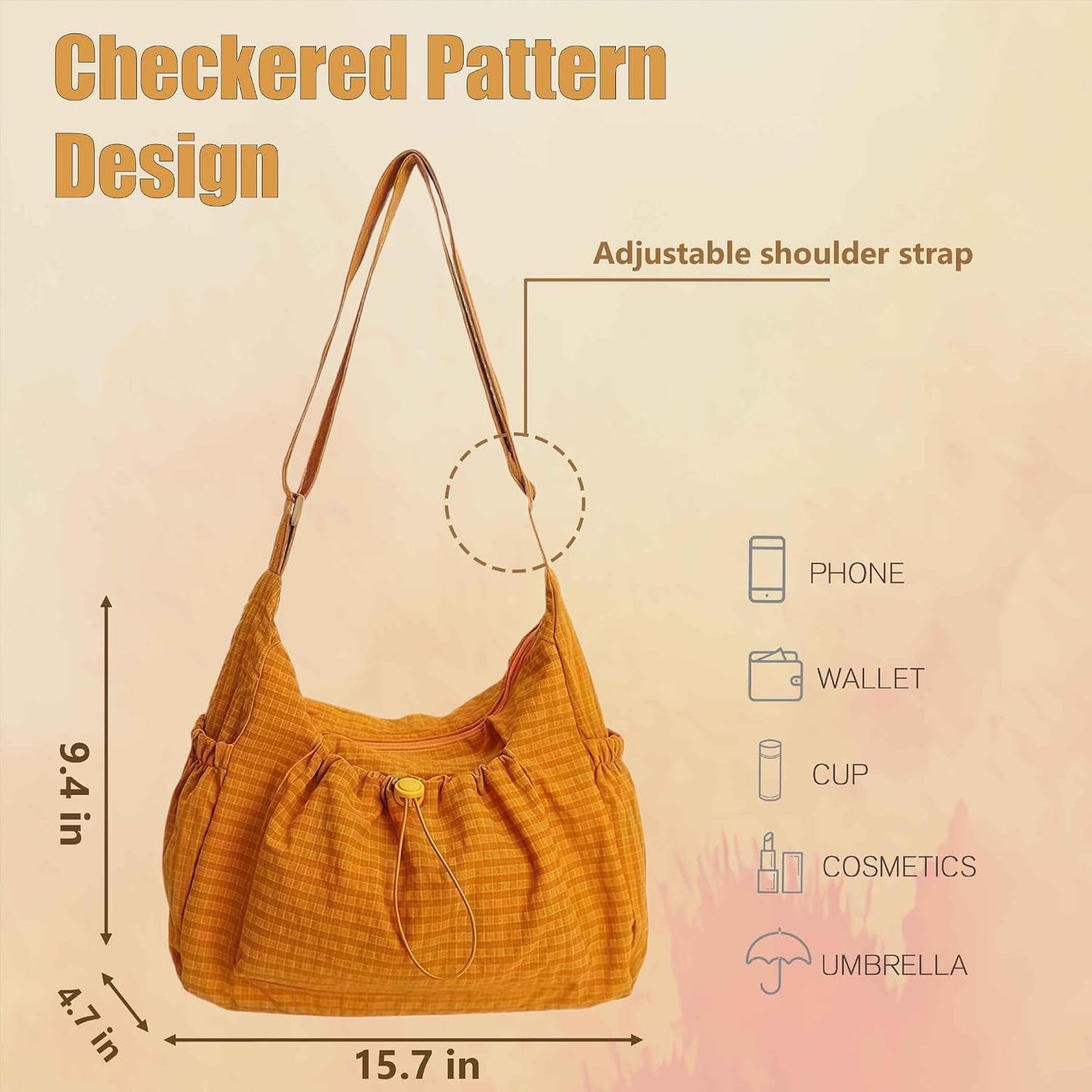 Plaid Crossbody Bags, Slouchy Hobo Crossbody Bag, Cute Messenger Bag, Nylon Crescent Crossbody Purse, Trendy Everyday Purse