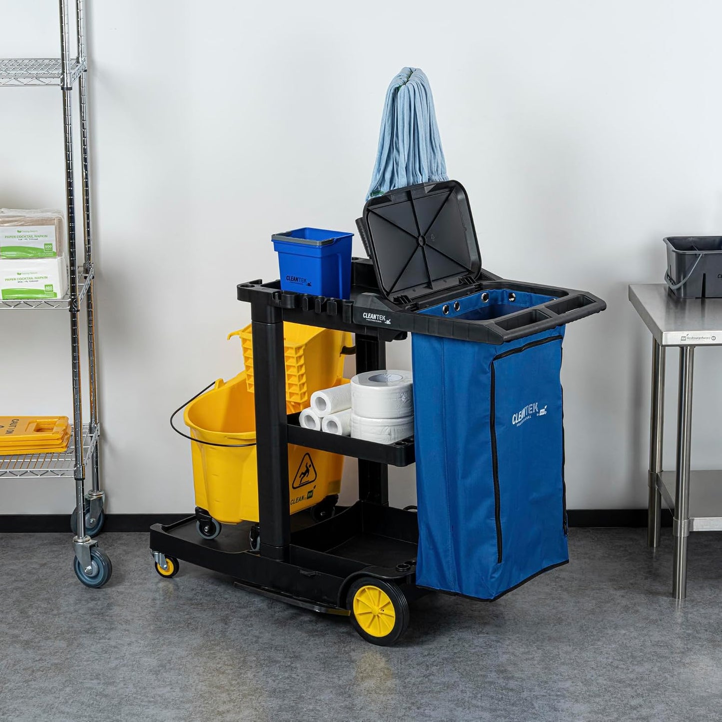Janitor CART Bag ONLY: Clean Tek Professional 16.93 x 10.63 x 29.53 Inch Janitorial Bag, 1 Heavy-Duty Receptacle - Janitor Cart Sold Separately, Durable, Yellow Plastic Replacement