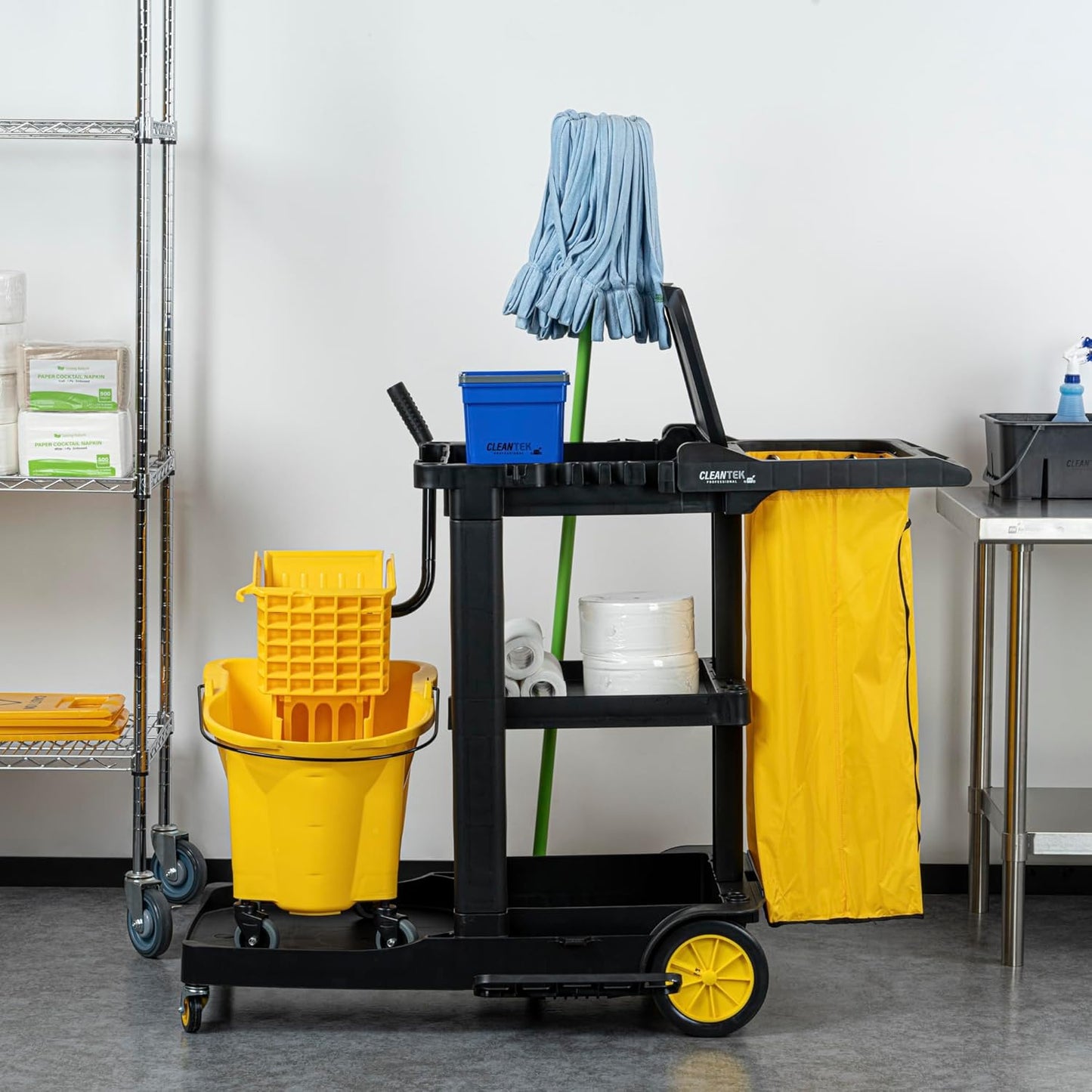 Janitor CART Bag ONLY: Clean Tek Professional 16.93 x 10.63 x 29.53 Inch Janitorial Bag, 1 Heavy-Duty Receptacle - Janitor Cart Sold Separately, Durable, Yellow Plastic Replacement